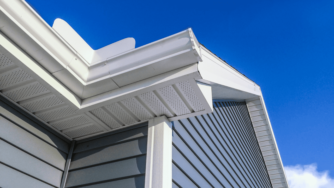 House with blue siding and white gutters with a blue sky in background.