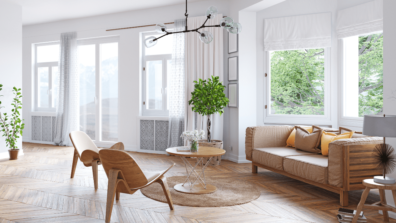 White living room with casement picture windows.