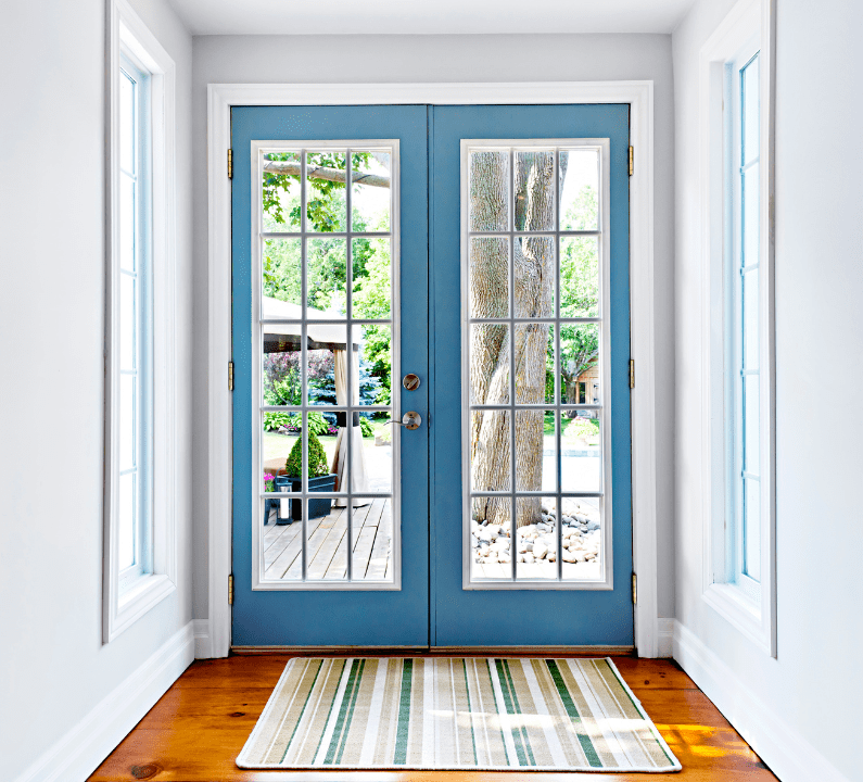 Double blue window pane patio exterior door.