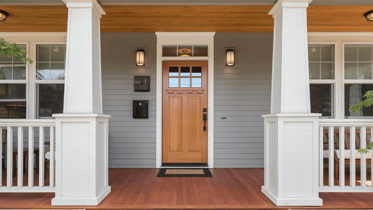 Exterior wooden front door.