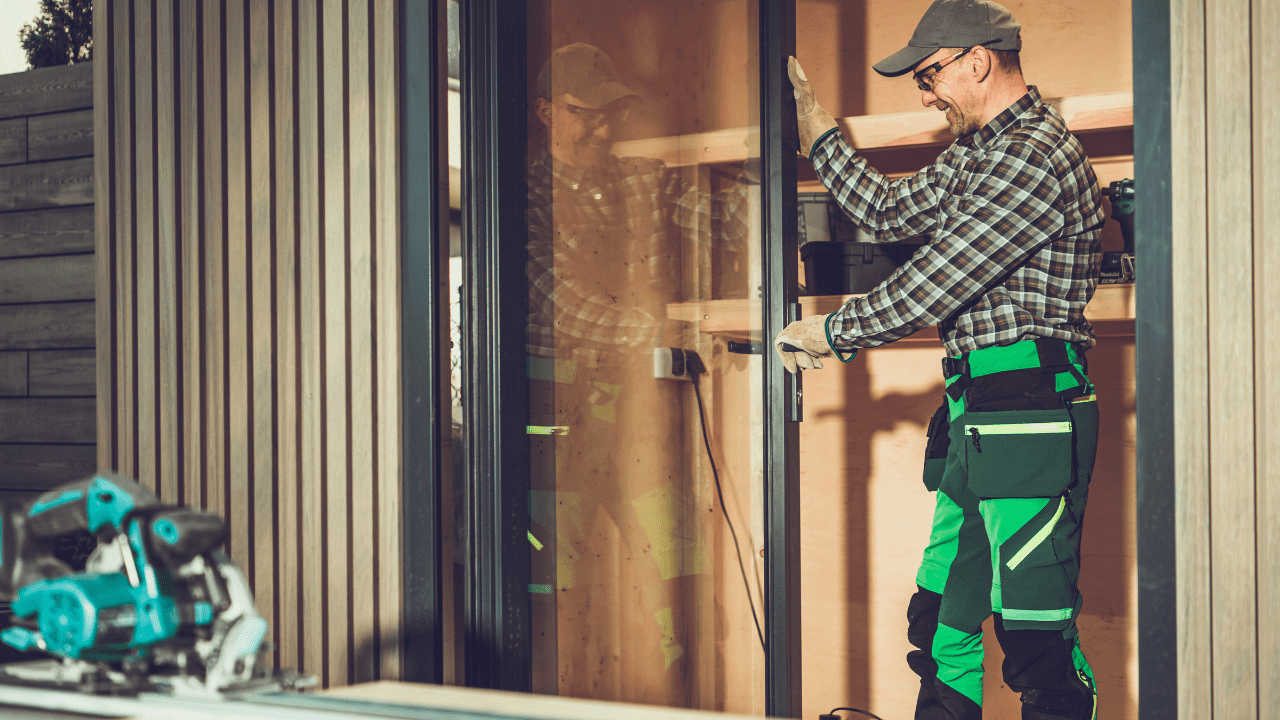 Contractor installing a glass patio door.