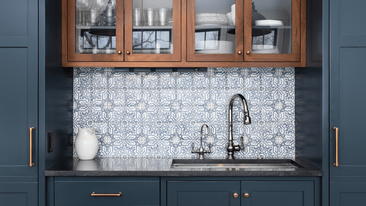 Rustic wooden cabinetry with glass doors and decorative glasses inside