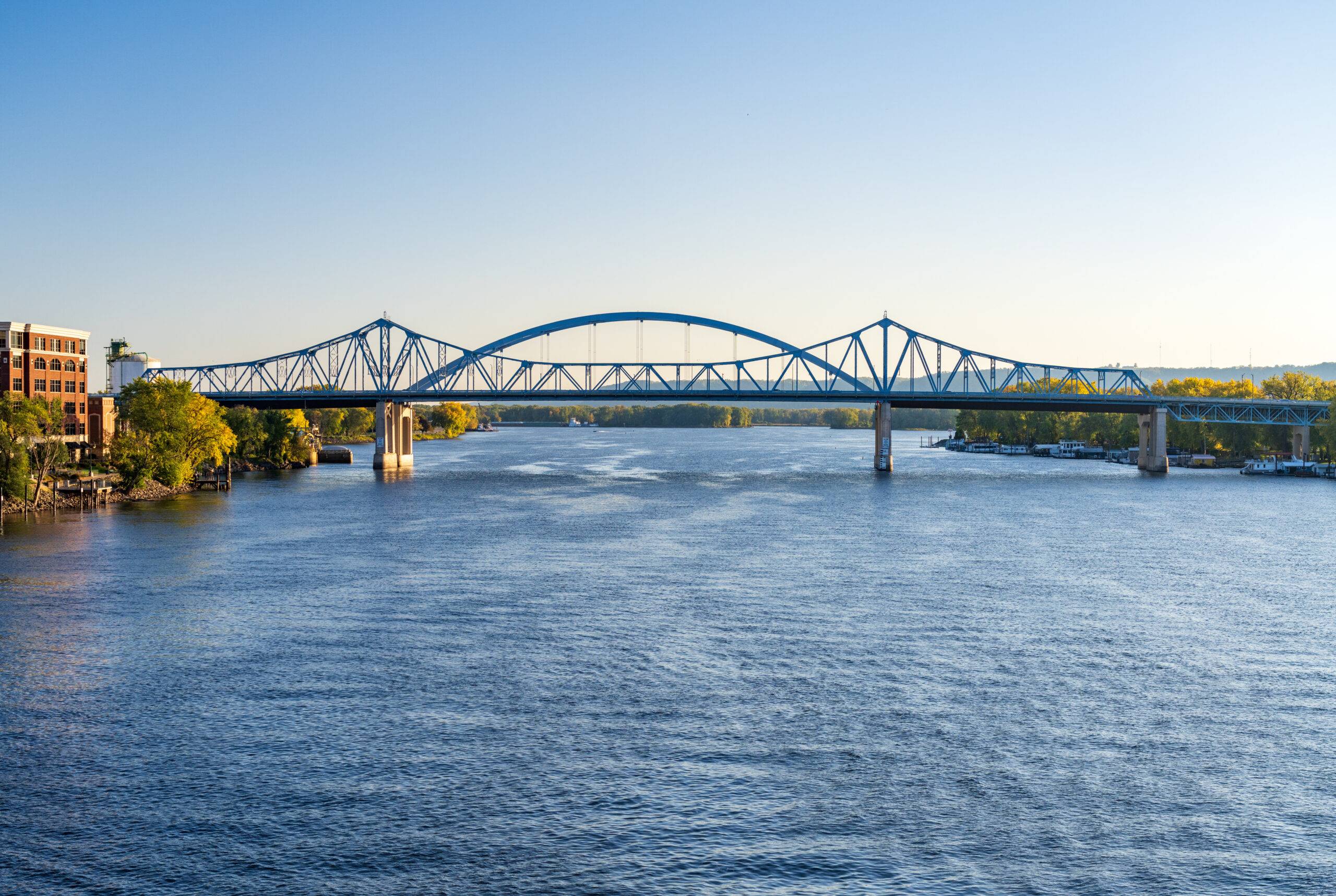 Aerial view of the Blue Bridge in La Crosse Wisconsin and the Mississippi River.