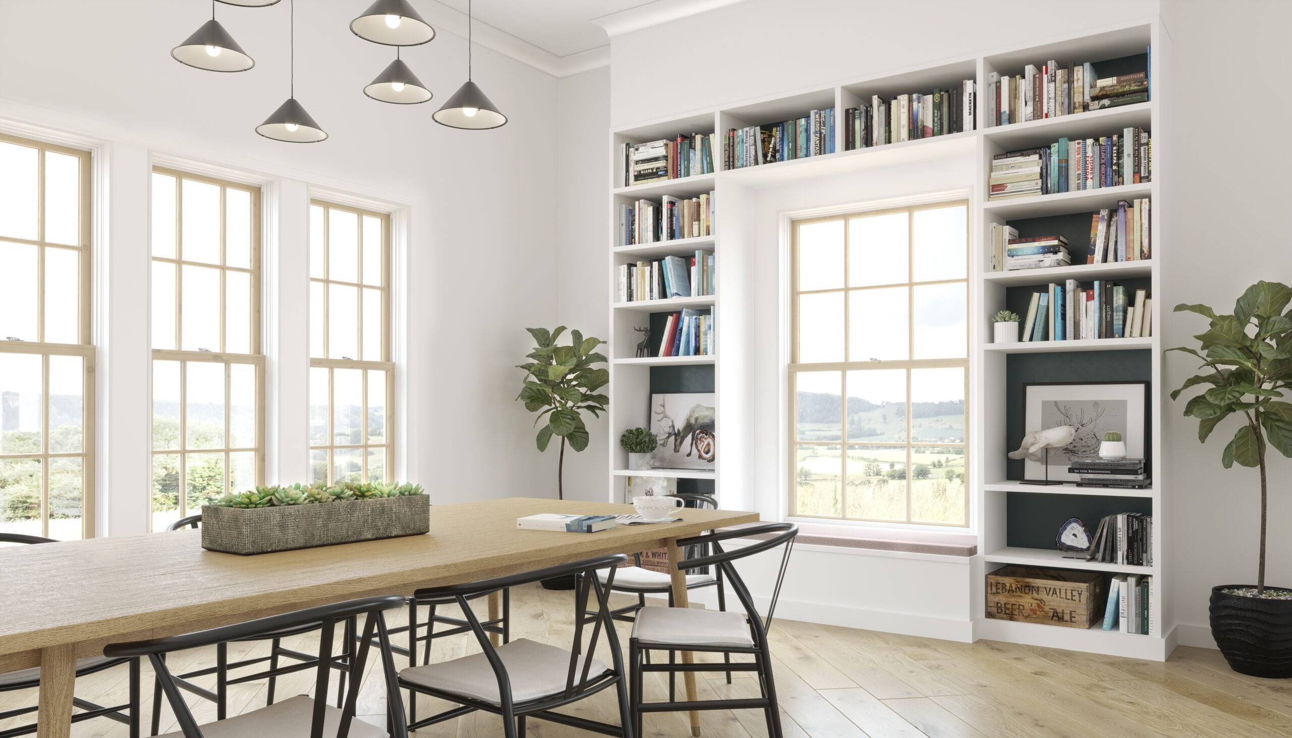 White dinning room with Marvin Elevate windows with light wood trim.